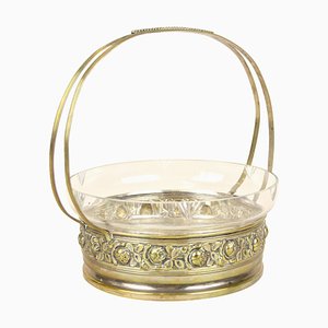 Austrian Art Nouveau Centerpiece with Glass Bowl in Brass Basket, 1910