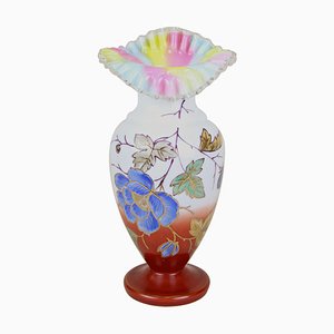 Austrian Art Nouveau Frilly Glass Vase with Enamel Paintings, 1900