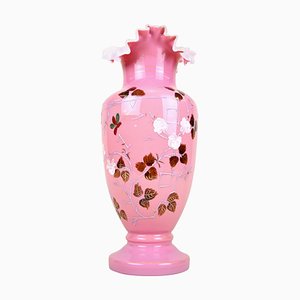 Vase Antique en Verre Rose avec Peintures en Émail, Autriche, 1890