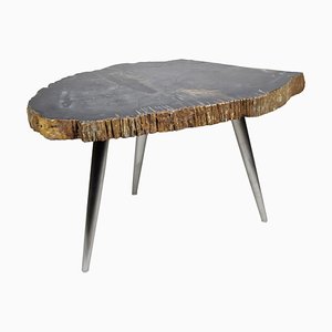 Mesa de centro de madera petrificada con patas de acero inoxidable