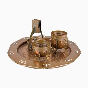 Austrian Art Nouveau Smoking Set with Plate in Copper and Brass, 1915, Set of 4