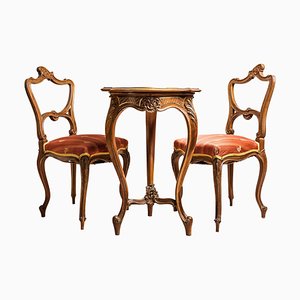 Juego de asientos austriacos renacentistas con mesa de té, 1870. Juego de 3