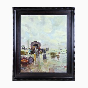 Puerto de Danzig, principios del siglo XX, pintura al óleo, enmarcado