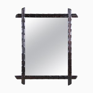 Rustic Hand Carved Wood & Brass Black Forest Wall Mirror, 1880s