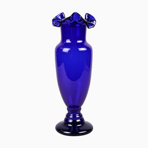 Art Nouveau Blue Glass Vase with Frilly Glass Top, Austria, 1900s