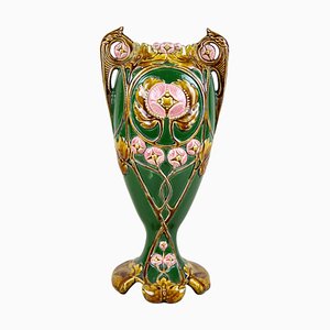 Art Nouveau Majolica Vase Hand Painted, France, 1900s