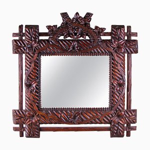 Rustic German Hand Carved Black Forest Wall Mirror, 1880s