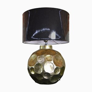 Lampe de Bureau en Céramique Vernie Dorée avec Abat-Jour Gris Foncé