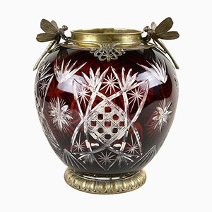 French Art Nouveau Cut Glass Vase with Bronze Dragonflies, France, 1900s