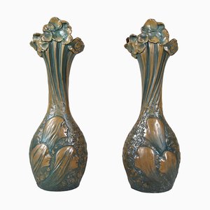 Art Nouveau Majolica Vases by B. Bloch Eichwald, Bohemia, 1900s, Set of 2