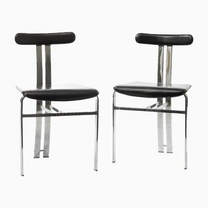 Vintage Italian Dining Chairs With Chromed Frame & Black Leather Upholstery, Set of 2