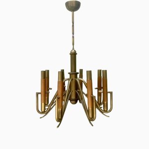 Large Brass and Wood Chandelier, Italy, 1970s