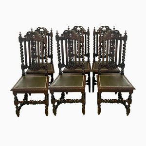Antique Victorian Carved Oak Chairs, Set of 6
