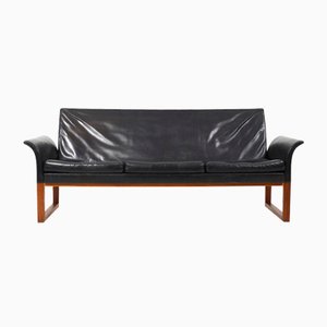 Danish Black Leather Sofa in Teak and Leather, 1960s