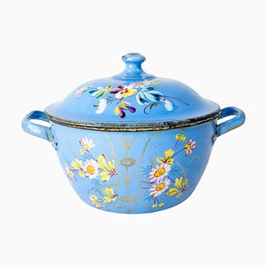 Französische blaue Suppenterrine mit floralem Dekor aus emailliertem Eisen, 1900er