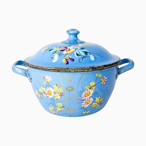 Soupière Bleue de Campagne à Décoration Florale en Fer Emaillé, France, 1900s