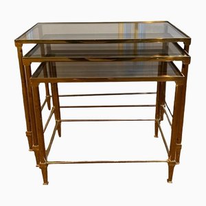 Brass Nesting Tables with Smoked Glass Trays, 1970s, Set of 3