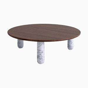 Round Walnut and White Marble Sunday Coffee Table by Jean-Baptiste Souletie
