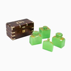19th Century Wooden Travel Box with Green Opaline Bottles
