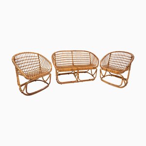 Mid-Century Modern Rattan Sofa and Armchairs Set by Tito Agnoli, Italy, 1960s, Set of 3
