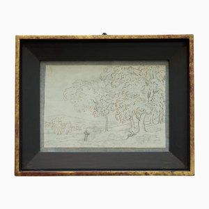 French School Artist, Study of a Classical Landscape, 1750s, Charcoal & Pen