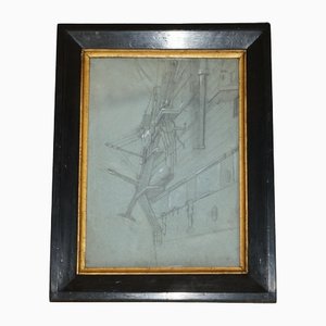 French School Artist, Study of the Side of a Ship, 1850s, Chalk on Paper