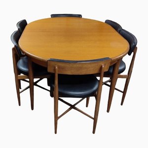 Mid-Century Extending Fresco Dining Table and Black Chairs by Victor Wilkins for G Plan, Set of 7