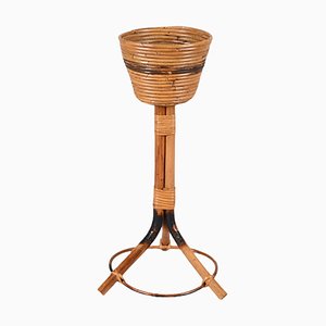 Mid-Century Italian Round Bamboo Cane and Rattan Plant Holder, 1950s