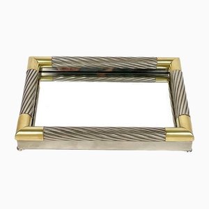 Italian Vide-Poche in Silver Metal and Brass with Mirror by Tommaso Barbi, 1970s