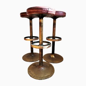 Mid-Century Yugoslavian Bar Stools in Brass and Leather, 1970s, Set of 3