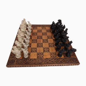 Vintage Chess Set with Wood Carved Chess Board and Box