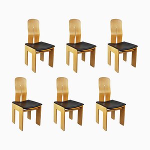 Black Leather and Wood Mod. 1937 765 Dining Chairs by Carlo Scarpa for Bernini, Set of 6