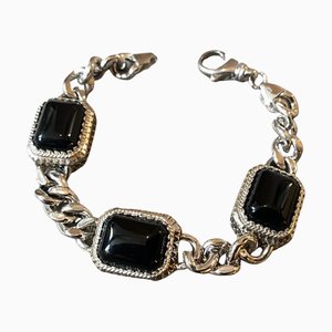 Italian Sterling Silver and Black Onyx Chain Bracelet, 1990s