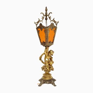 Antike französische Cherub Lampe aus vergoldetem Metall & Glas