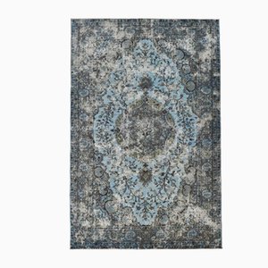 Großer blauer Vintage Teppich aus Baumwolle & Wolle