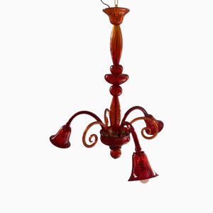 Lámpara de araña de cristal de Murano rojo de Seguso