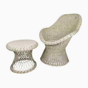 Vintage White Rattan Armchair and Table, Set of 2