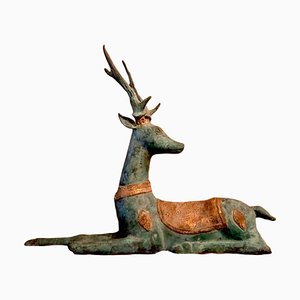 Vintage Patinated Bronze Reclining Deer Sculpture
