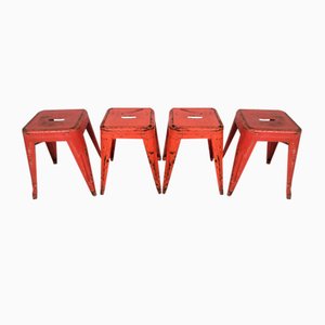 Vintage Red Metal Stools from Tolix, Set of 4