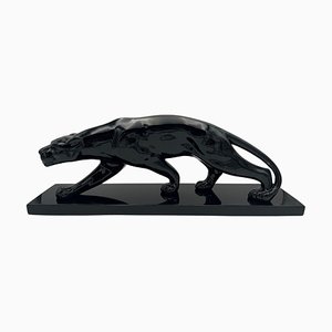 Art Deco Panther Sculpture in Black Lacquer & Ceramic, France, 1930s