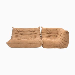 Two-Seater Togo Sofa with Corner in Brown Suede by Michel Ducaroy for Ligne Roset