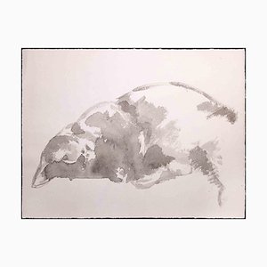 Giselle Halff, Sleeping Cat, Original Watercolor, Mid 20th-Century