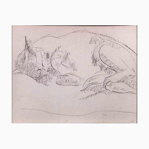 Dibujo a lápiz original de Giselle Halff, Sleeping Cat, 1965
