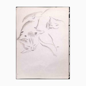 Dibujo a lápiz original de Giselle Halff, Sleeping Cat, 1965