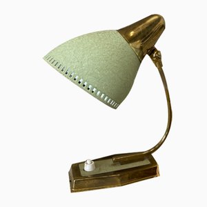 Small Mid-Century Table Lamp, Brass with Green Shrumblack