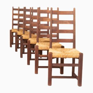 Brutalist Oak and Wicker Dining Chairs, 1970s, Set of 6