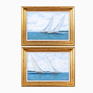 George Drury, Yacht Racing Paintings, 1950s, Oil on Board, Framed, Set of 2