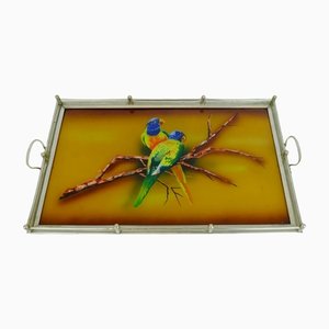 Large Art Deco Tray in Glass & Metal with Parrot Motif, 1920s / 30s
