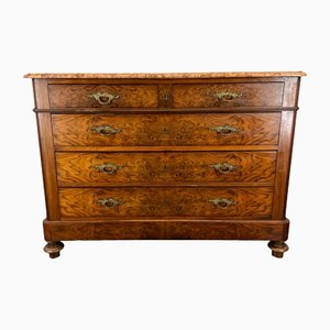 Antique French Marble Topped Chest of Drawers in Walnut Burr