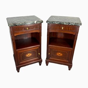Antique French Bedside Cabinets with Marble Tops, Set of 2
